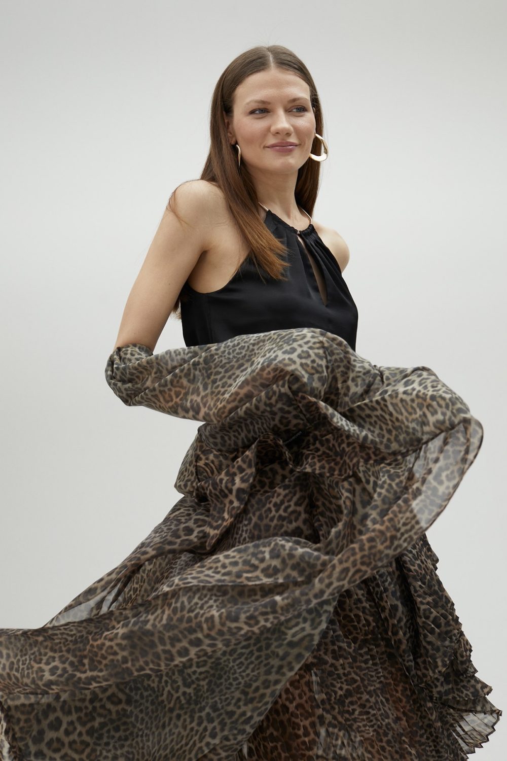 Pleated Animal Print Skirt With Ruffles